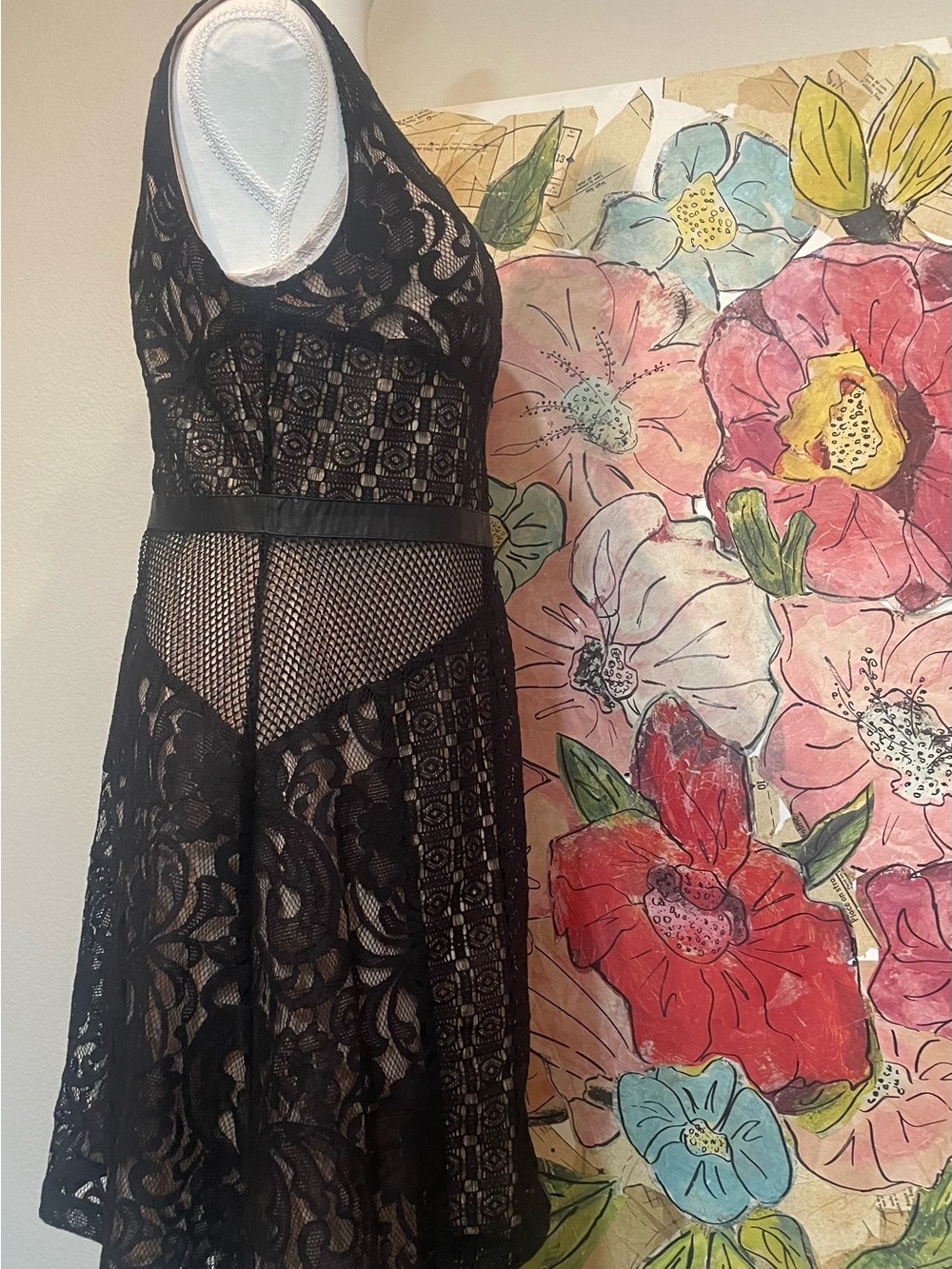 Mossimo Supply Co. Black Lace Mini Dress natural lining with Sheer Insets size L - Picture 2 of 15